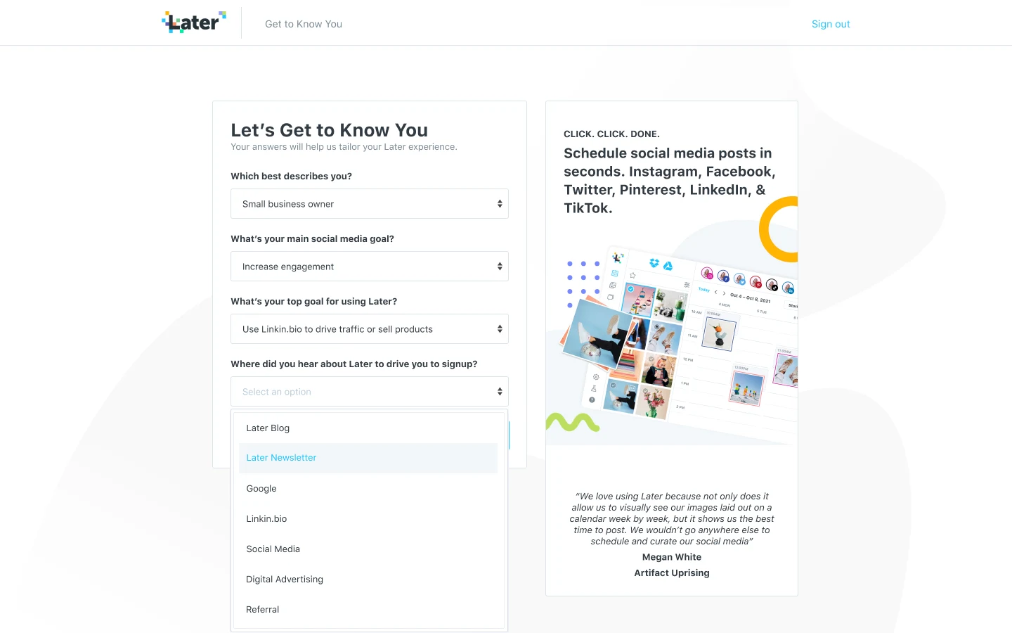 Later’s revised onboarding questionnaire with questions presented together
