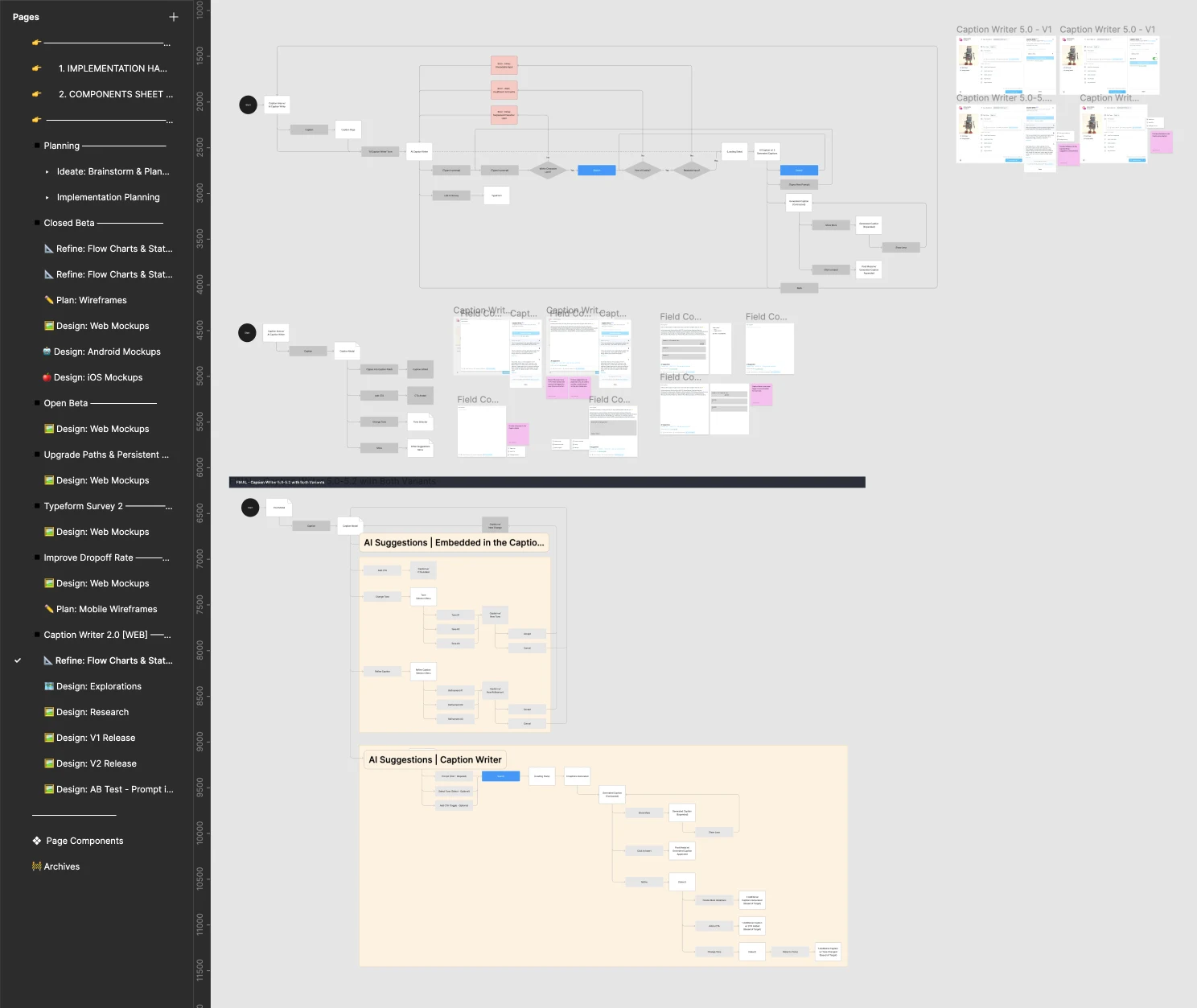 Original Caption Writer working board showing flow diagrams, interface explorations, and beta work