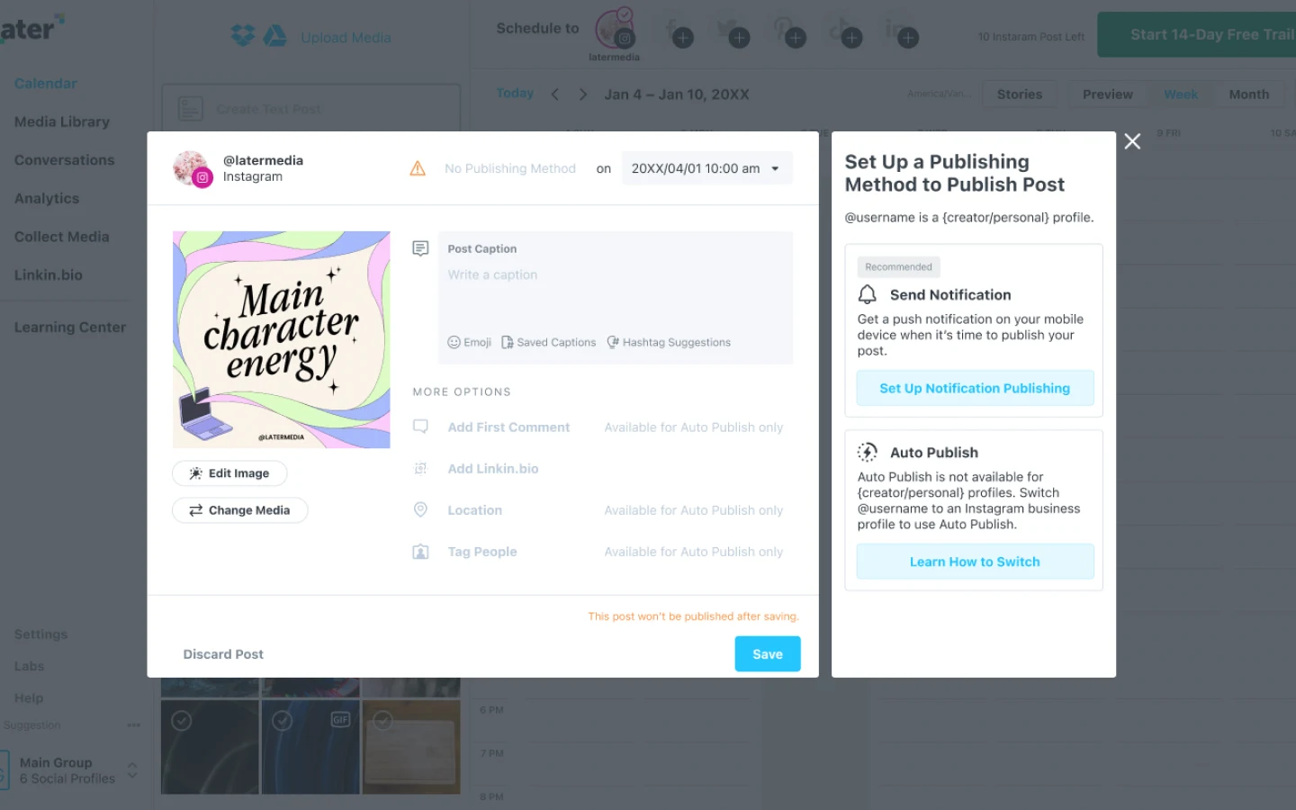 Later onboarding guidance alongside the post scheduling interface
