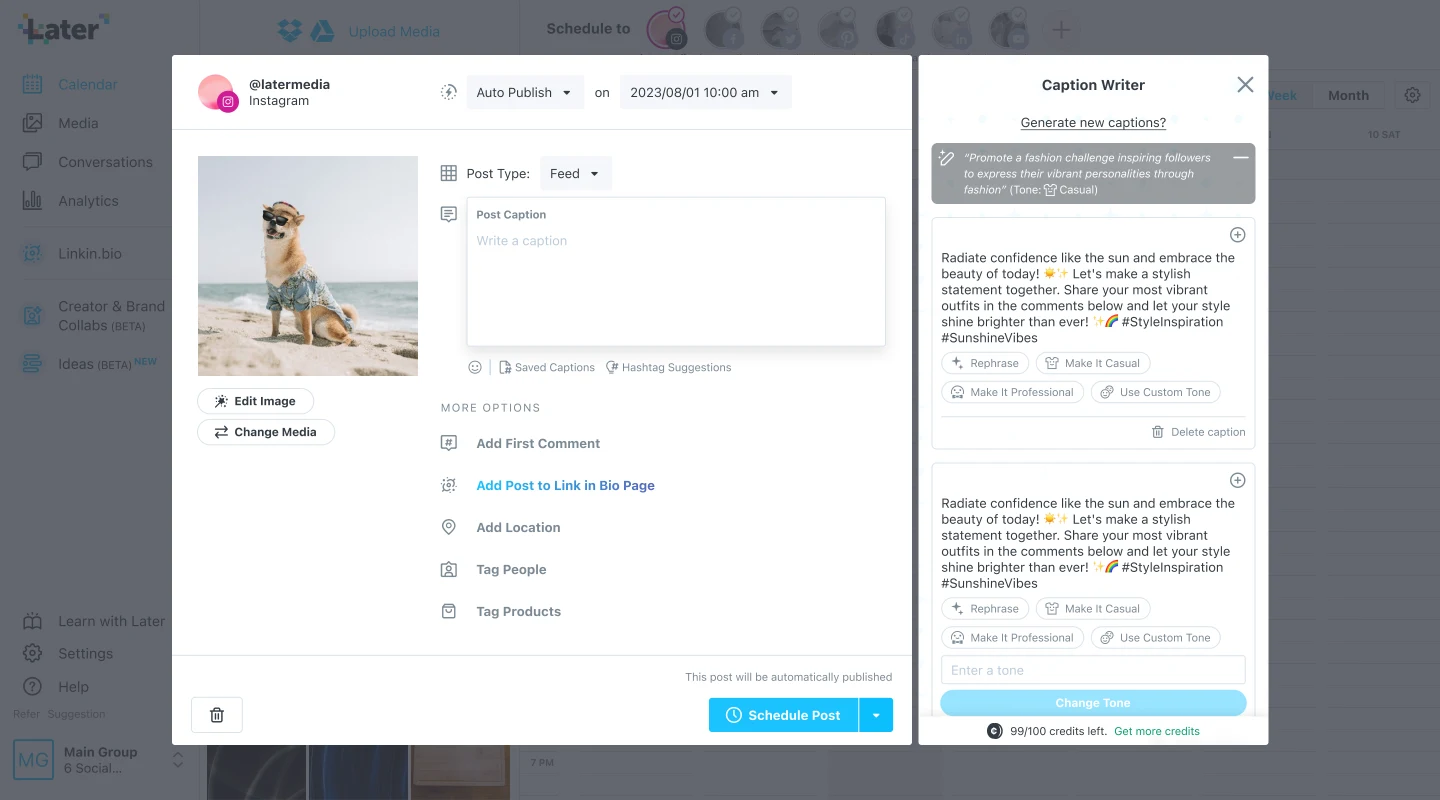 Caption Writer results panel with insertion, rephrase, tone, and remaining credit controls