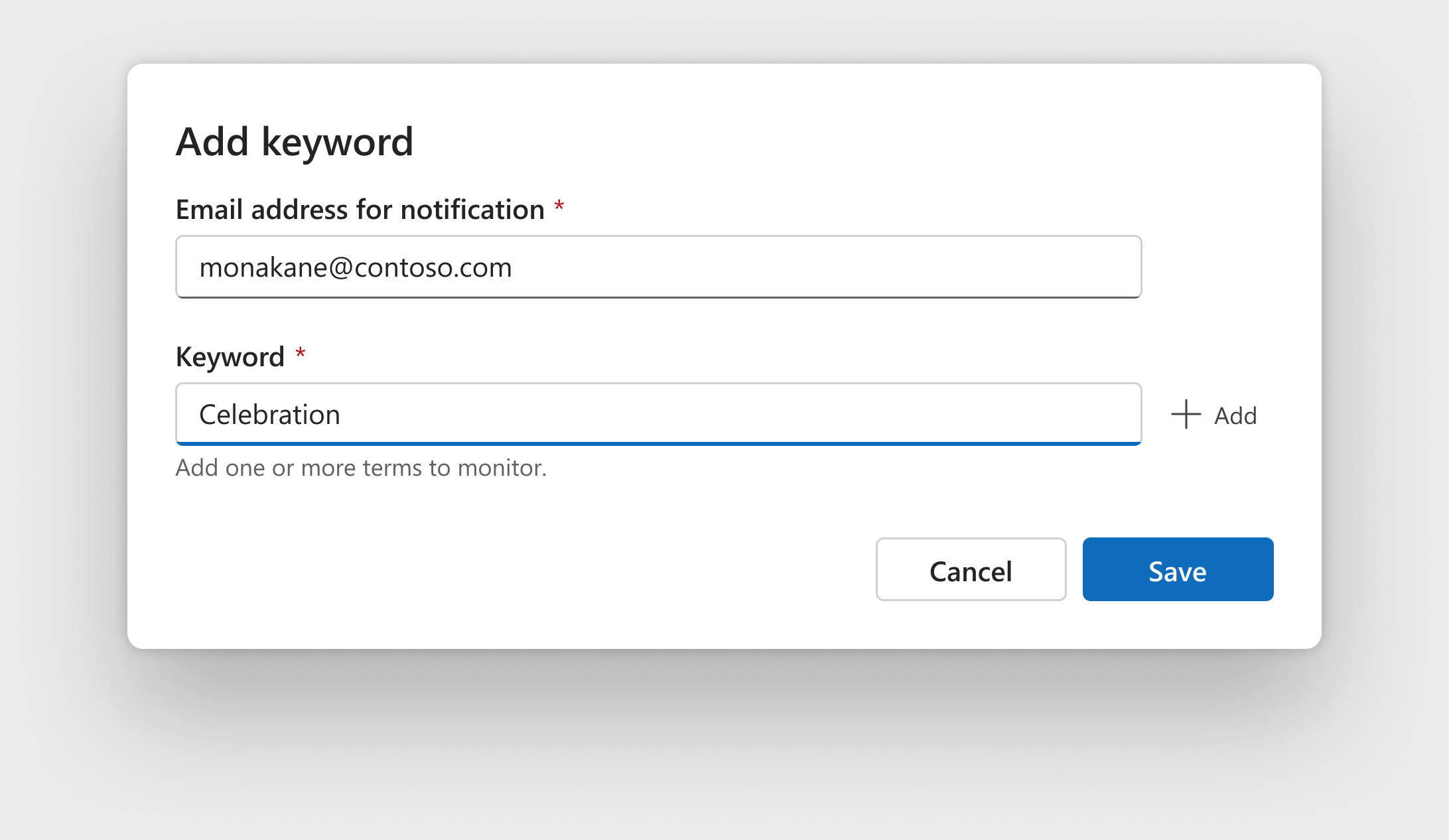 Add keyword dialog with an email address and individual terms to monitor