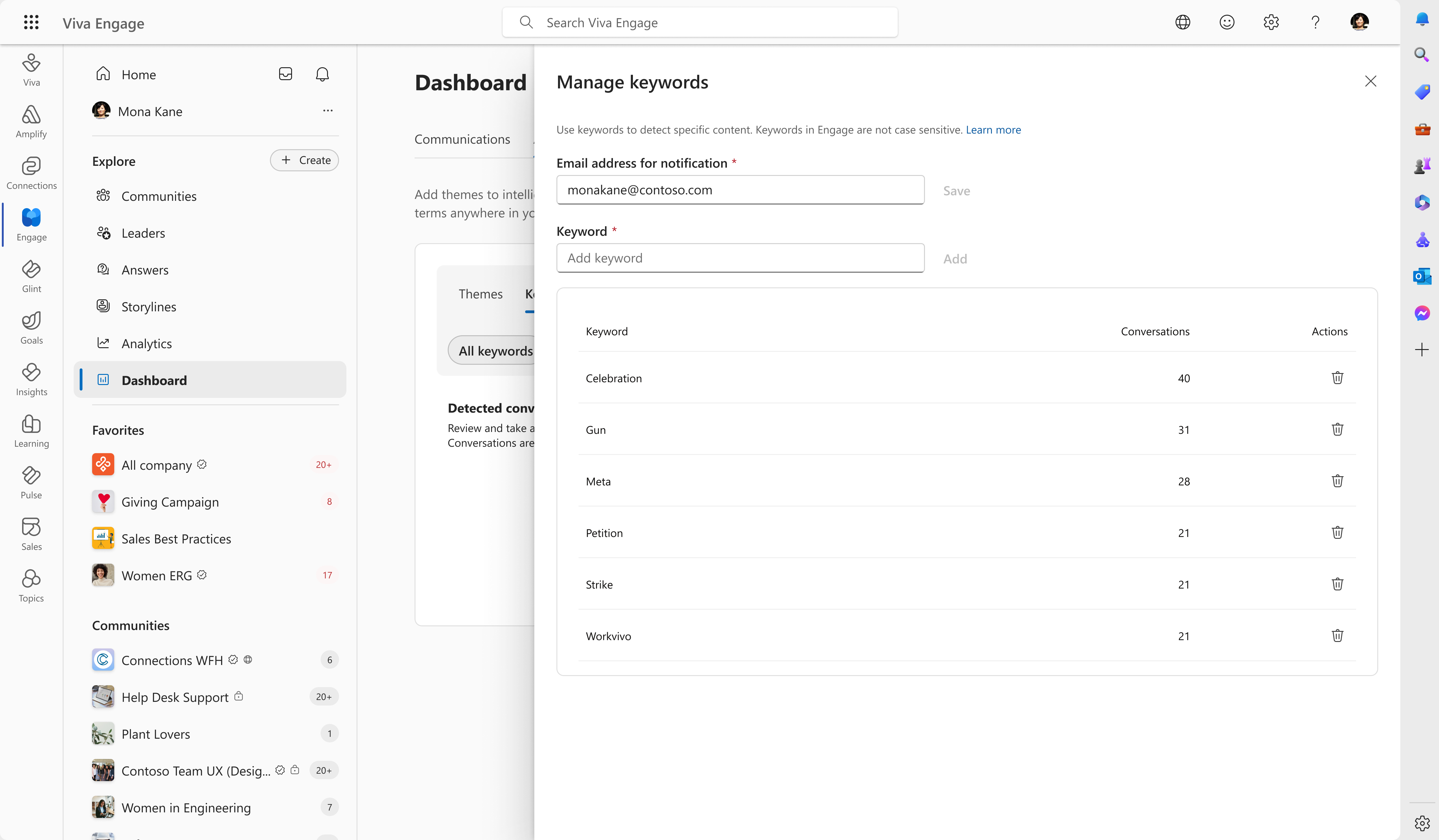 Manage keywords panel with notification address, add keyword field, and existing terms