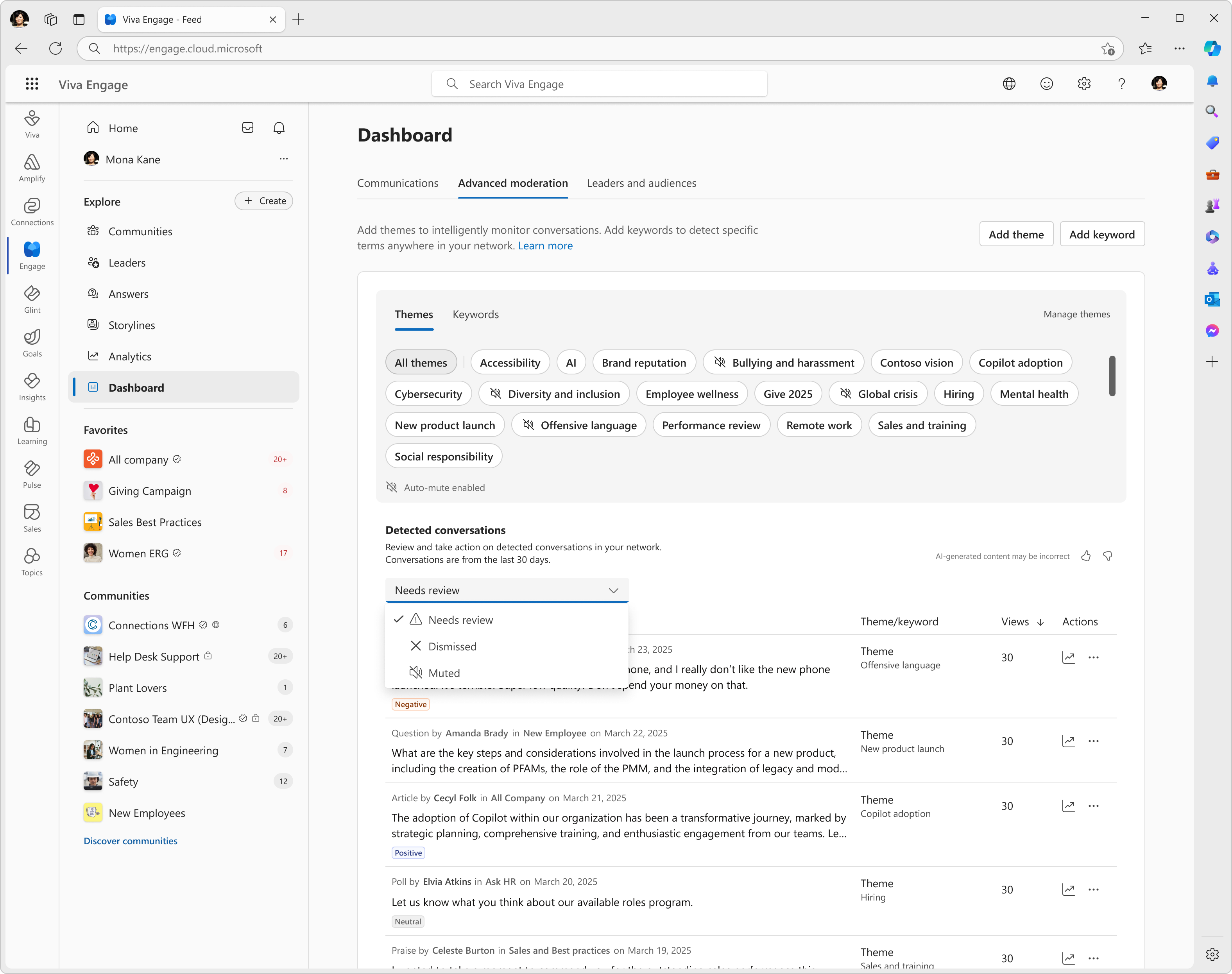 Viva Engage Advanced Moderation interface with monitoring themes, detected conversations, and review filters