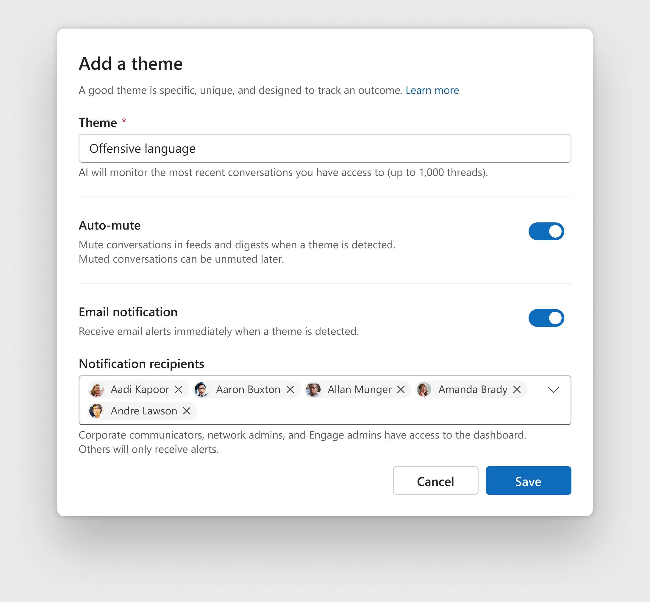 Add a theme dialog with theme description, auto-mute, and notification recipients