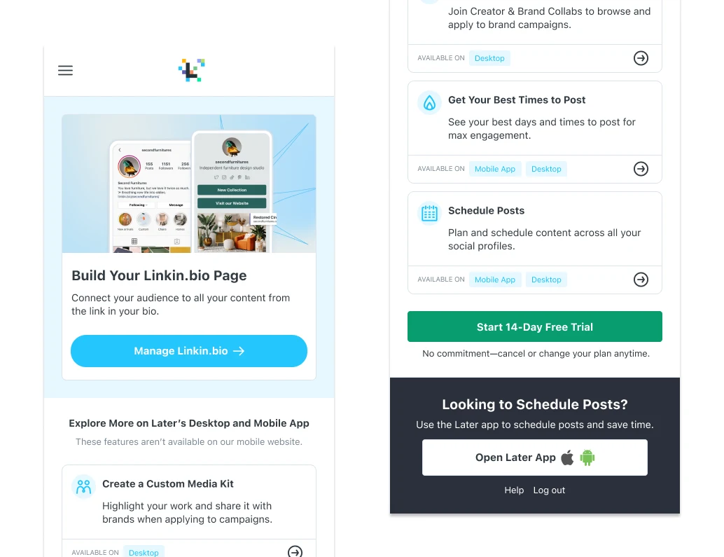 Later’s mobile welcome page introducing available features