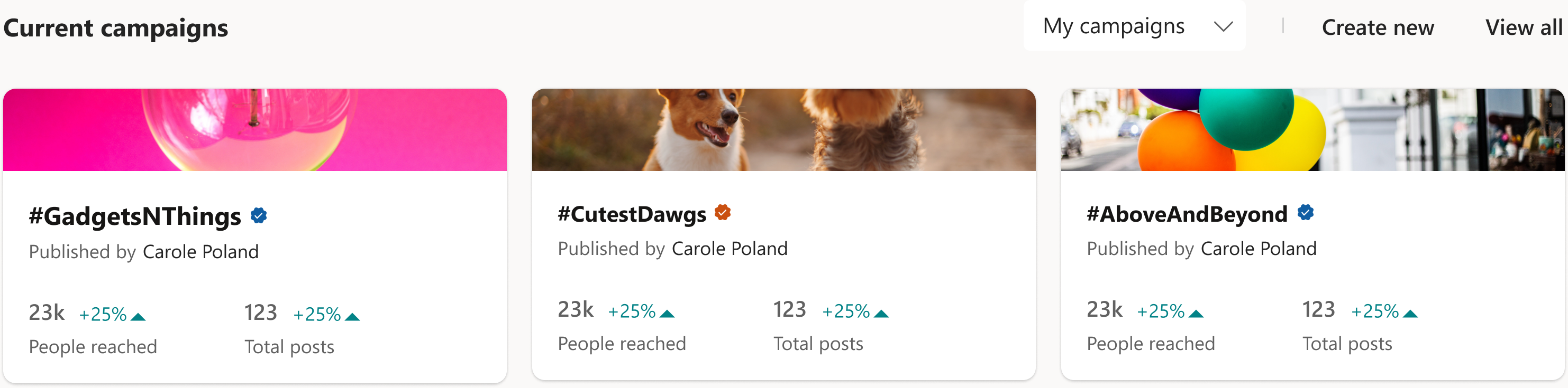 Current campaigns module with My campaigns filter, Create new and View all actions, and campaign reach and post counts