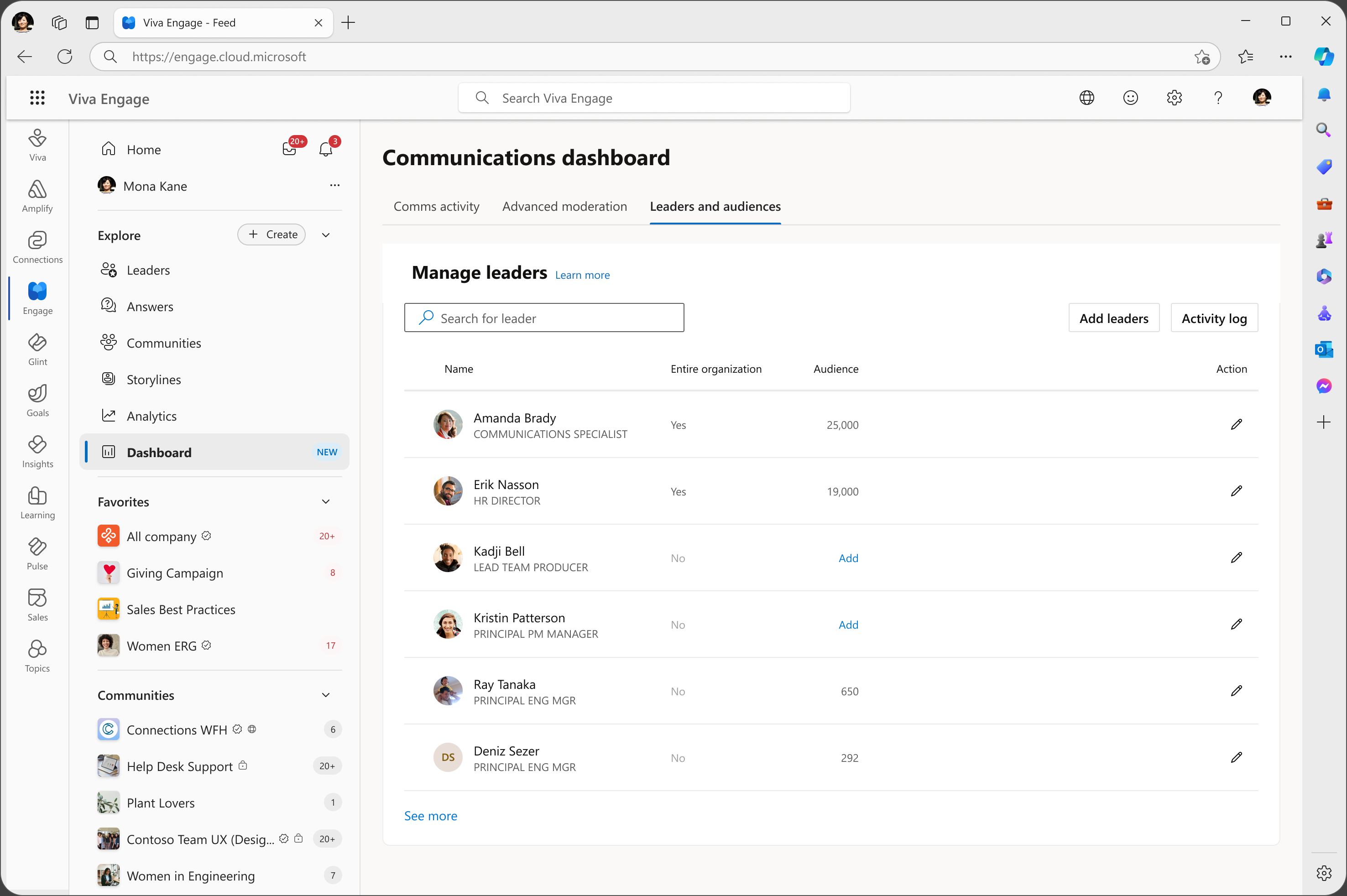 Manage leaders table with audience assignments, search, Add leaders, and Activity log controls