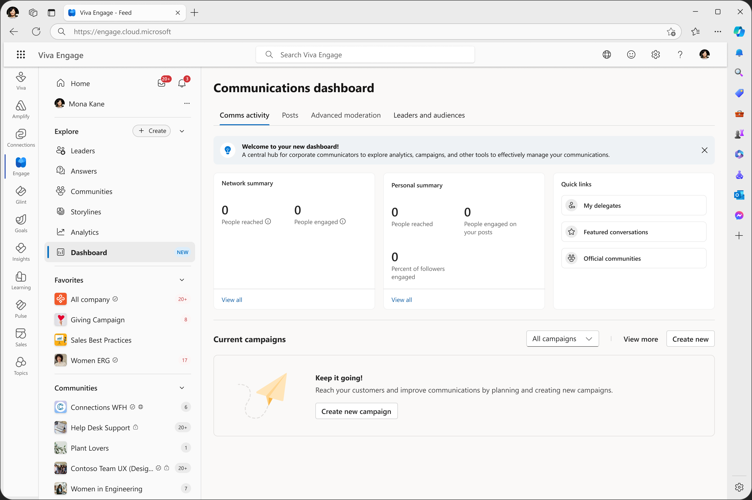 Dashboard overview with zero activity summaries and an empty campaigns module offering Create new campaign