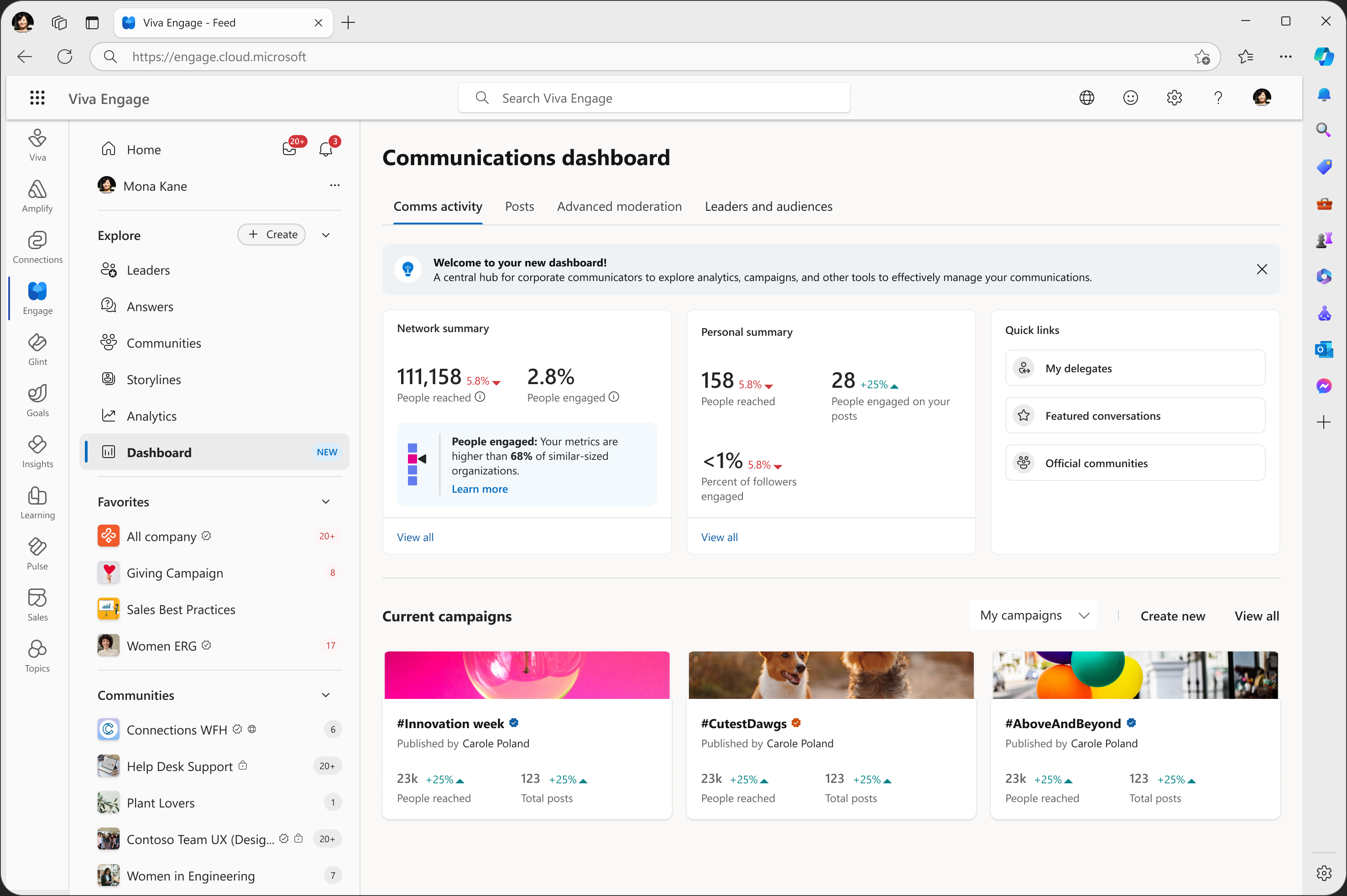 Communications Dashboard handoff design, connecting activity summaries, campaigns, quick links, posts, moderation, and leader management
