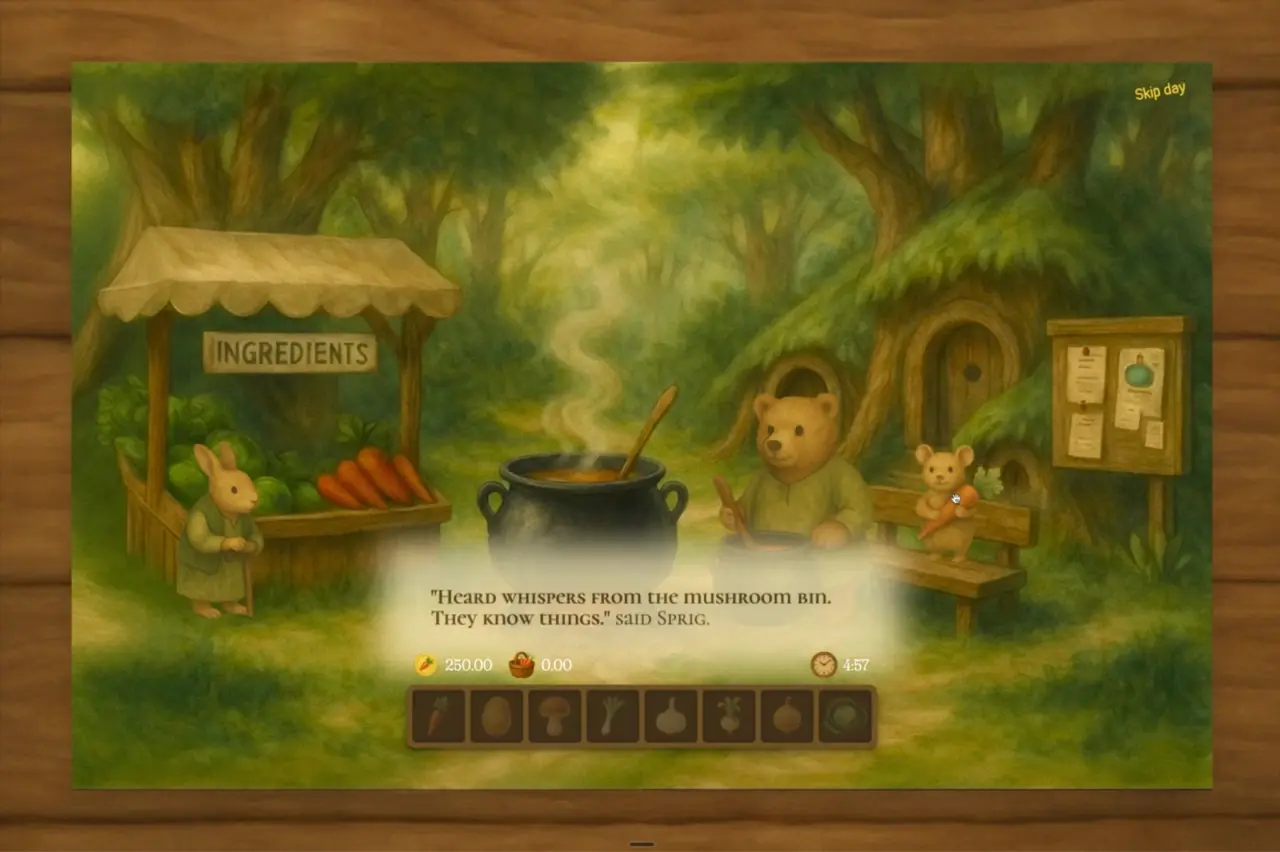 Trading for Soup game scene with illustrated woodland characters